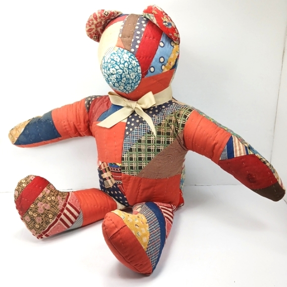 ANTIQUE HANDMADE Crazy Patchwork Fabric Stuffed Teddy Bear Freshly Dry Cleaned - Picture 11 of 11
